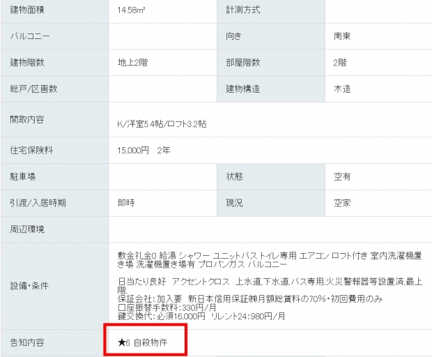 일본 ‘사고 재산’ 부동산 전문 거래 업체의 홈페이지 캡쳐. 살인 발생했던 해당 부동산의 등급과 면적, 집의 방향 등 세세한 정보가 소개돼 있다.
