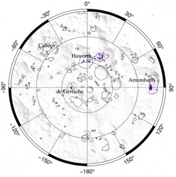 달 남극에 존재할 것으로 예상되는 이산화탄소 콜드 트랩의 분포 (보라색 점). 사진=AGU/Geophysical Research Letters