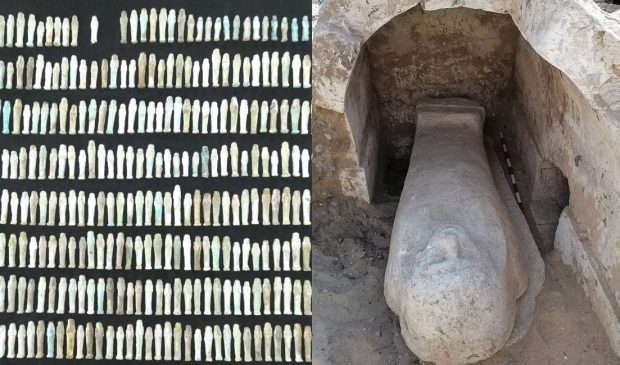 완벽하게 봉인된 석관과 함께 무덤에서 발굴된 유물들