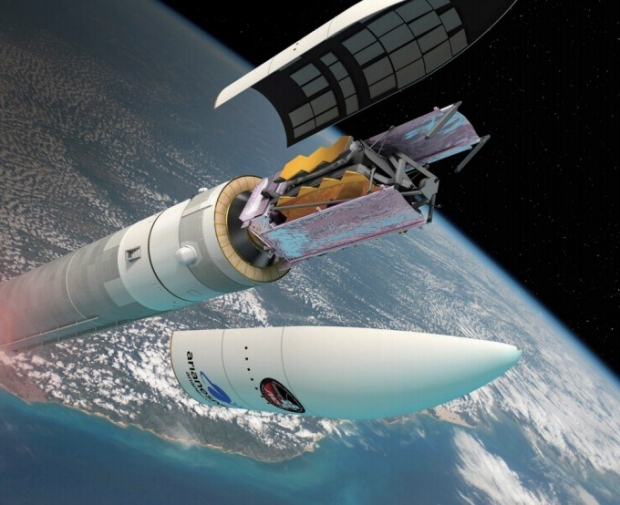 제임스웹 우주망원경이 아리안5 우주발사체에서 분리되는 모습을 상상한 그림