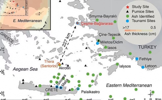 테라섬 화산 폭발로 발생한 지진해일은 227㎞ 떨어진 터키 서부 해안선의 체쉬메만 인근 청동기시대 후기 유적지 체쉬메바흘라라시까지 도달했다.