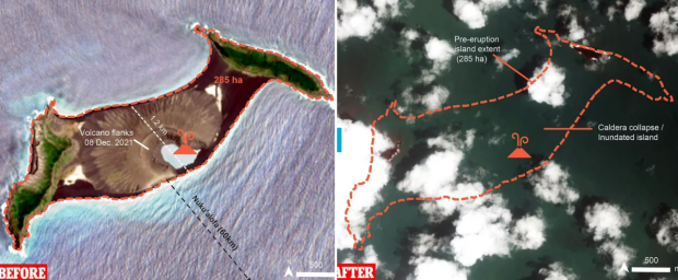 지난 13일 남태평양 섬나라 통가 인근 해역에서 해저화산이 분화해 광범위한 피해가 보고된 가운데, 화산 분화 전후의 통가 모습을 담은 위성사진이 공개됐다.