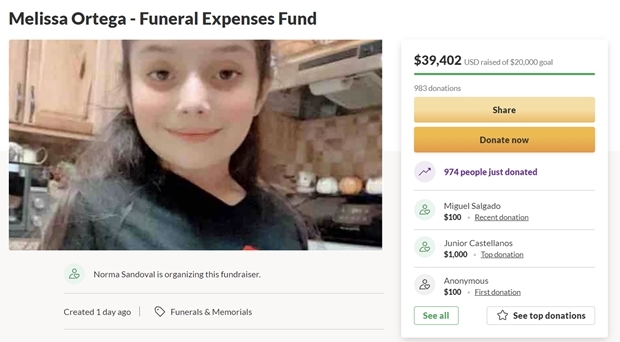 소녀 가족을 돕기 위해 개설된 고펀드미 모금 페이지