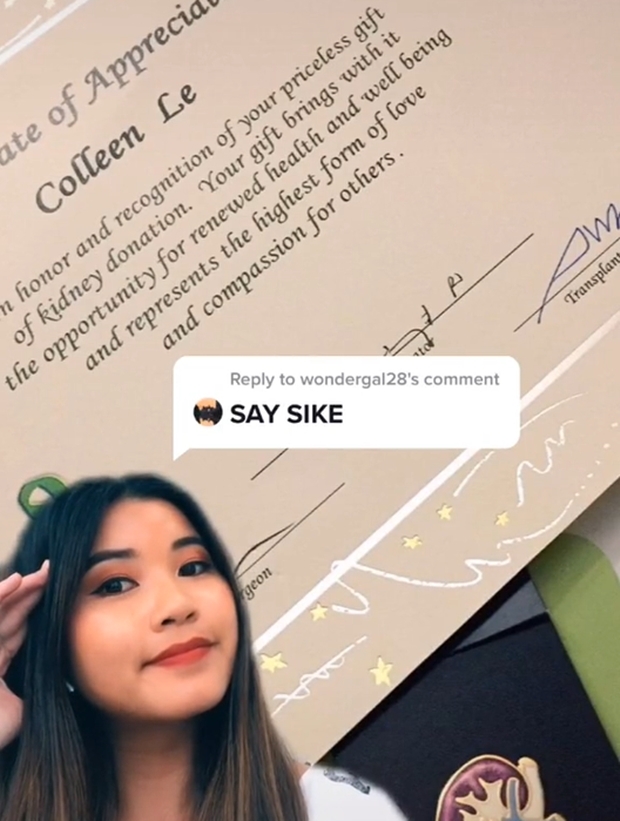 적합 검사를 통과한 콜린은 망설임 없이 남자친구에게 신장을 기증했다. 그는 “남자친구를 살릴 수 있다는 생각에 두 번 고민하지 않았다”고 말했다. 그러면서 자신이 남자친구에게 장기를 기증했다는 증서도 함께 공개했다.