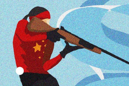 thumbnail - 베이징 올림픽 희화 포스터 등장...선수가 총으로 위구르족 겨냥