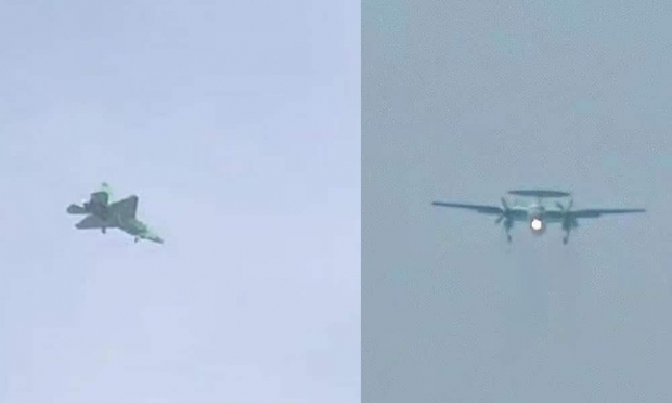 2021년 말 촬영된 J-35(왼쪽) 함재기와 KJ-600 조기경보기(오른쪽). 출처 navalnews.com
