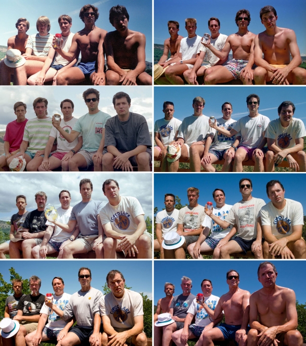 다섯 친구가 1982년(맨위부터 책 읽는 순서대로), 1987년, 1992년, 1997년, 2002년, 2007년, 2012년, 2017년 캘리포니아주 콥코 호수에서 우정 사진을 찍는 모습.