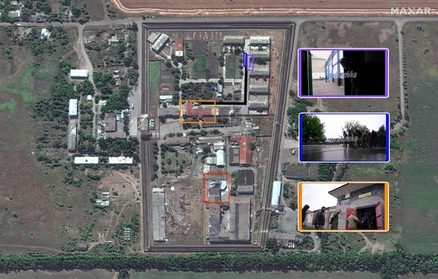 알렉산더는 지난 6월 올레우니카 수용소 수감동(보라색 동그라미)에서 연결로(파란색 동그라미)를 따라 급식소(주황색 동그라미)로 이동하는 포로들의 모습이 담긴 영상을 공개하며 포로들이 갑자기 관리동(빨간색 네모)으로 이감된 데 의문을 드러냈다.