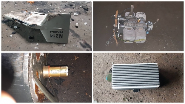 지난 13일 우크라이나 하르키우주의 교통 중심지인 쿠피얀스크 지역에서 격추된 이란제 드론 잔해의 모습. / 사진=우크라이나군