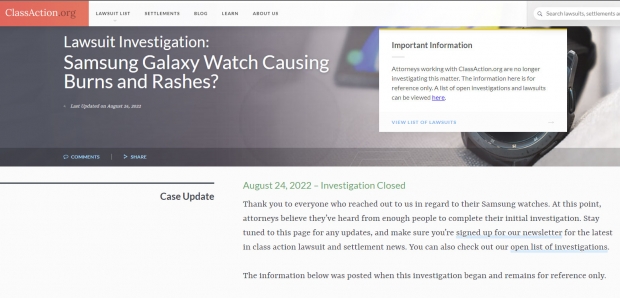 소비자 집단소송을 지원하는 미국 전문가 그룹인 ‘클래스액션’은 얼마 전까지 삼성 갤럭시 워치를 사용하다 화상이나 발진을 경험한 사용자들을 대상으로 공개 조사를 진행했다. / 사진=클래스액션