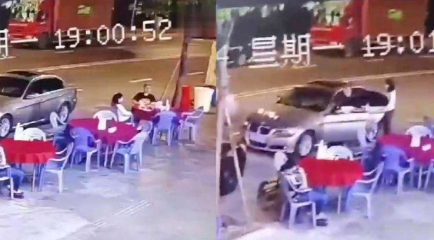 중국 광둥성 둥관시의 한 식당에서 젊은 남녀 커플이 무전취식 후 뒤따르는 직원들을 조롱하듯 고가 외제 승용차를 타고 달아난 사건이 발생했다. 출처 웨이보