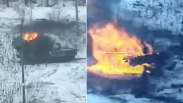 이달 초, 우크라이나군의 미사일에 맞은 러시아군 T-80BV 전차가 폭발하고 있다.