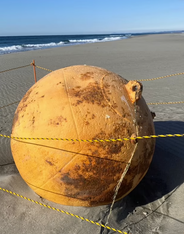 일본 혼슈 중부에 있는 시즈오카현 해안가에서 발견된 정체 불명의 금속 구체. 로이터 연합뉴스