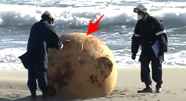 일본 혼슈 중부에 있는 시즈오카현 해안가에서 발견된 정체 불명의 금속 구체. NHK 21일자 보도 캡처