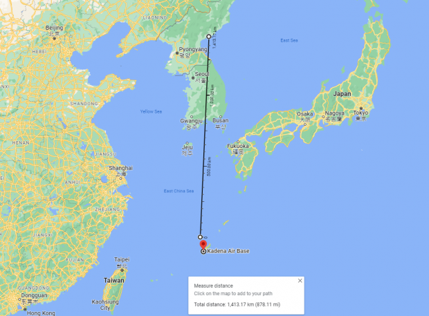 함경남도 신포와 일본 오키나와에 있는 미군 기지인 가네다공군기지의 직선 거리는 약 1414km 정도다