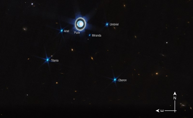제임스웹이 촬영한 천왕성의 27개 위성 중 6개 위성. 다른 은하들도 배경에 보인다. 사진=NASA, ESA, CSA, STScI