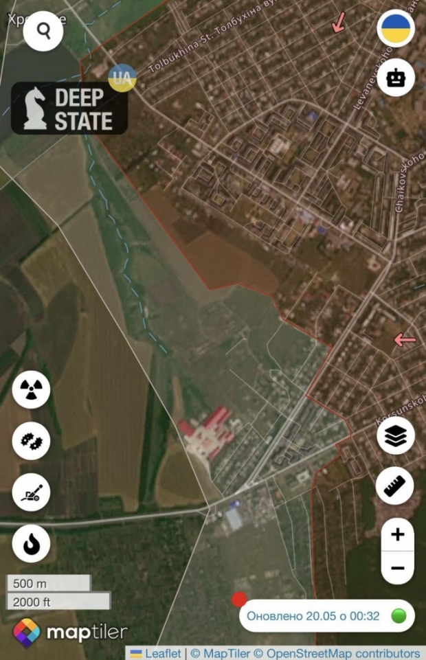 2023년 5월20일(현지시간) 기준 우크라이나 동부 격전히 바흐무트에서 우크라이나군(왼쪽)과 러시아군의 전선 위치를 나타낸 지도. / 사진=딥스테이트 우크라이나 텔레그램