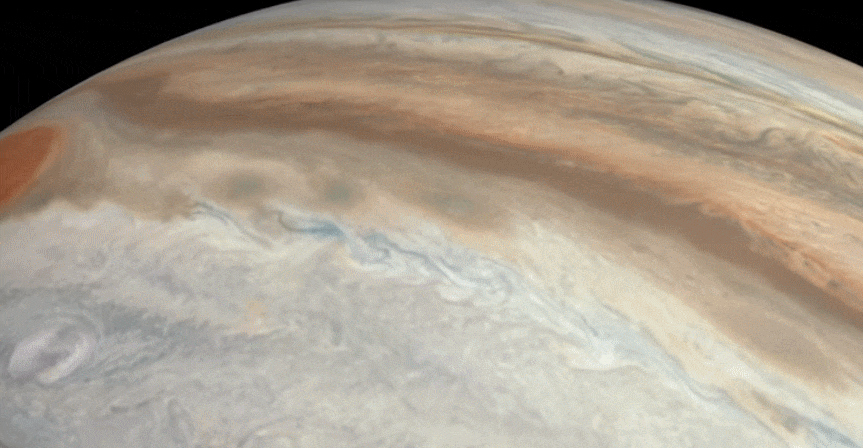 과거 탐사선 주노가 목성을 근접비행하며 촬영한 영상의 일부. 출처=NASA