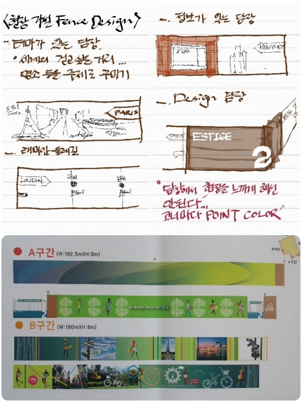 현장에서 폰으로 정리한 울타리 초기 컨셉 디자인(위)와 관할 구청에 접수한 디자인 시안.