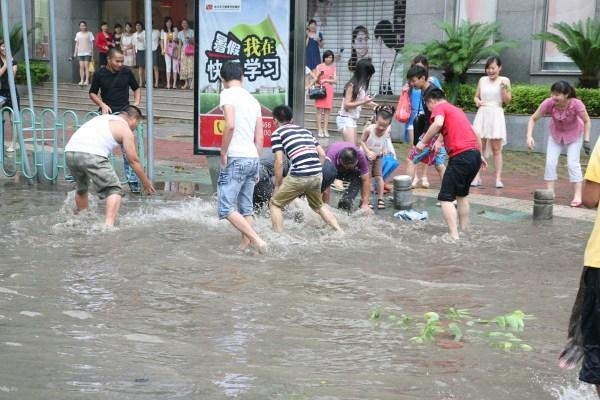 중국에 연일 폭우가 내리고 있는 상황에서 불어난 물에 도로로 떠밀려온 물고기를 잡기 위해 주민들이 나선 이색적인 반응이 이어져 화제다. 출처 웨이보