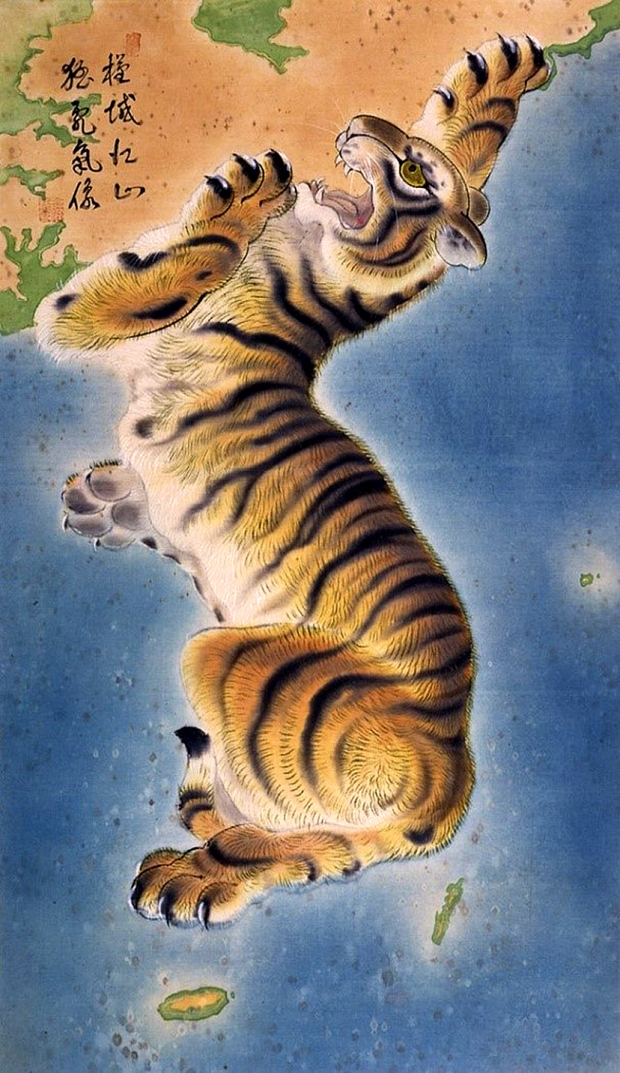 근역강산맹호기상도(槿域江山猛虎氣象圖)는 일제강점기 당시 일본 지질학자 고토 분지로가 한반도를 뒷덜미가 잡힌 토끼로 묘사한 것에 반발하여 최남선이 그린 작품이다.