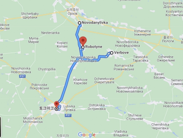 우크라이나가 최근 러시아로부터 탈환한 로보티네를 중심으로 인근 노보프로코피우카와 베르보베, 토크마크의 위치를 나타낸 지도. / 사진=구글맵