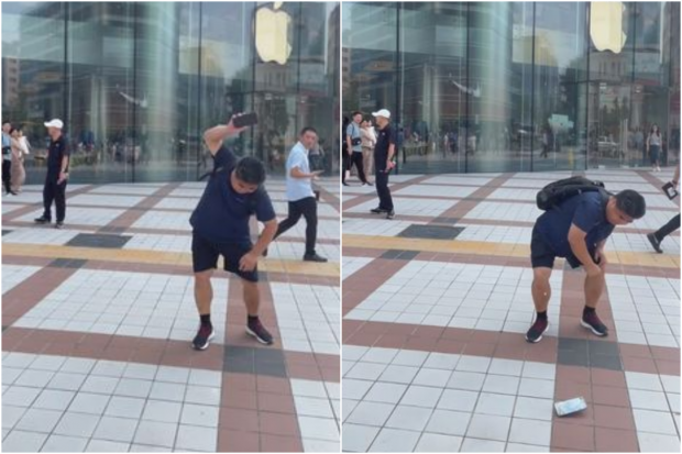중국 허베이 애플스토어 앞에서 아이폰을 내동댕이치는 중국 배우 류진. 영상 캡처