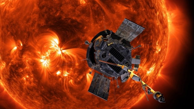 태양을 탐사하는 파커 솔라 프로브(Parker Solar Probe)의 그래픽 이미지