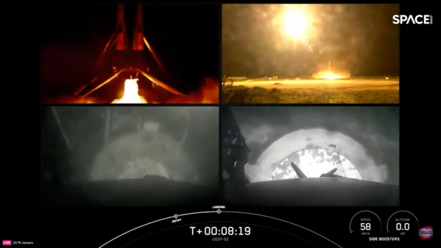 미군의 X-37B는 28일 오후 8시7분(미 동부 기준) 미국 플로리다주에 있는 미 항공우주국(NASA) 케네디 우주센터에서 스페이스X의 ‘팰컨 헤비’ 로켓에 실려 우주로 향했다. 화면은 스페이스X 웹사이트에 올라온 발사 생중계 장면. / 사진=스페이스X
