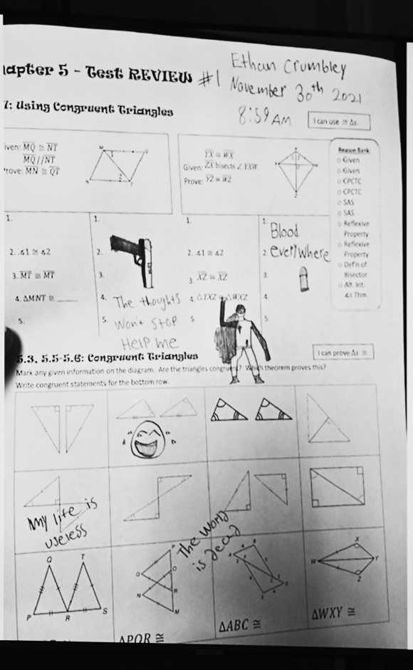 총격범 크럼블리가 범행 당일인 2021년 11월 30일 오전 과제물에 남긴 낙서