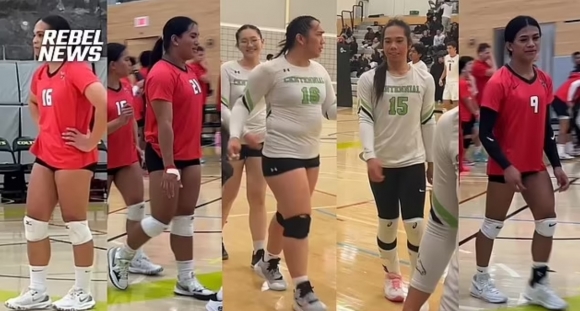 지난 1월 말 열린 캐나다 대학 여자 배구 경기에 출전한 성전환 선수들. 이들 5명이 경기 내내 자신의 기량을 뽐내는 동안 다른 여자 선수들은 벤치를 지켜야 했다는 비난이 나왔다