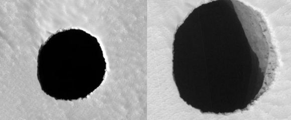 화성에서 직경이 수m에 달하는 구멍이 위성에 포착됐다. 사진=NASA / JPL-Caltech / UArizona
