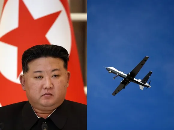 김정은 북한 국무위원장(왼쪽)과 북한이 지난해 공개한 신형 드론의 모습 / 사진=BI