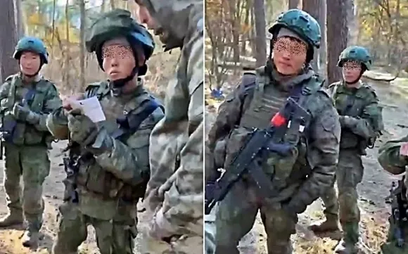 우크라이나 언론인 안드리 차플리엔코(56)가 11월 5일(현지시간) 소셜미디어에 “쿠르스크 지역 북한군 모습을 담은 최초의 영상”이라며 공개한 북한군. / 출처=텔레그램