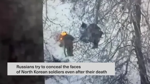 볼로디미르 젤렌스키 우크라이나 대통령이 공개한 영상에 ‘러시아인들은 심지어 북한 군인들의 죽음까지도 숨기려고 한다’는 자막이 달려 있다. / 출처=젤렌스키 대통령 텔레그램