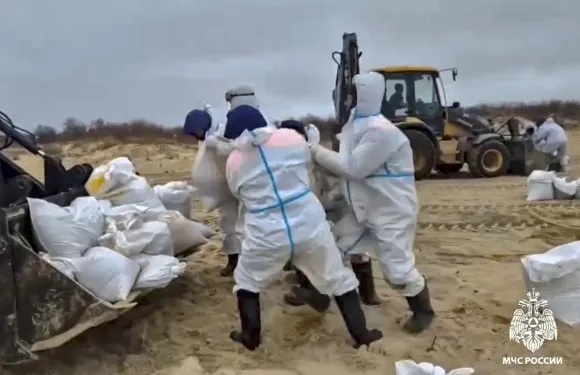 지난 4일 러시아 남부 크라스노다르 지역에서 현지 공무원과 자원봉사자들이 오염된 모래를 제거하고 있다. AP 연합뉴스