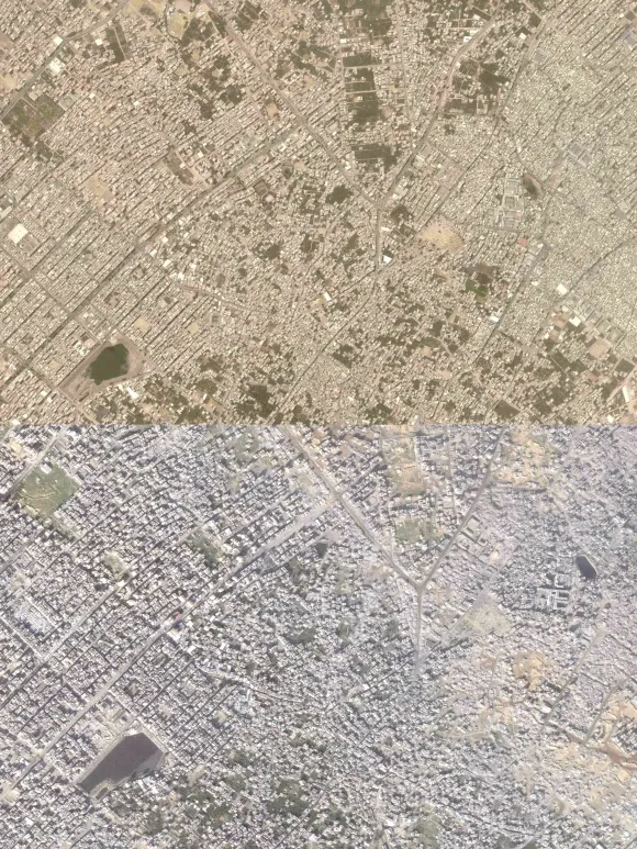 2023년 6월 4일(위)과 전쟁 후인 지난 3일 가자지구 위성사진. AP 연합뉴스