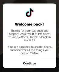 틱톡 앱을 다시 실행한 이용자들이 받은 메시지. / 출처=틱톡