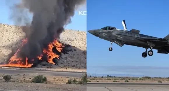 지난해 5월 뉴멕시코주 커틀랜드 공군기지에서 이륙한 직후 추락한 F-35B(왼쪽)와 이륙 중인 F-35B의 자료사진