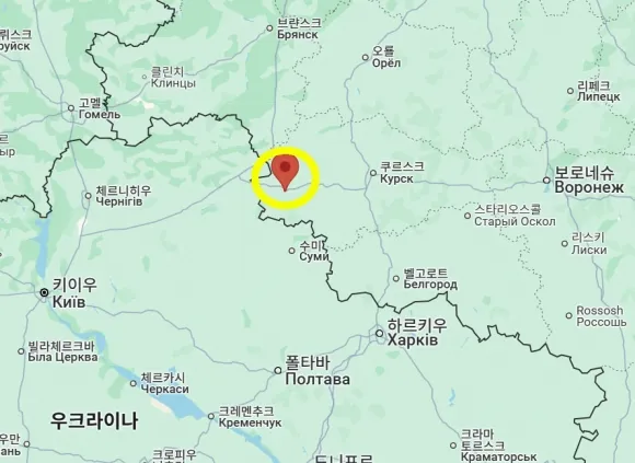 러시아 쿠르스크주 릴스크(노란색 원) 위치를 나타낸 지도 출처=구글맵