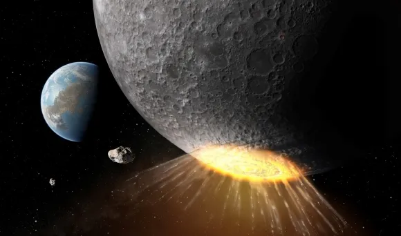 38억년 전 달에 소행성이 떨어지는 모습을 묘사한 그래픽 이미지. Lunar and Planetary Institute/Daniel D. Durda