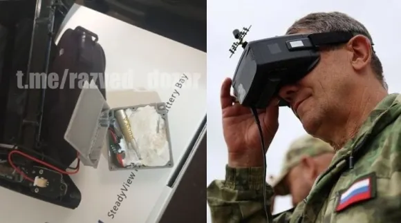 드론 조종용 고글에 설치된 폭탄과 고글을 쓴 한 러시아군의 모습. 텔레그램 캡처