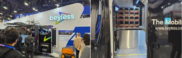 드론·로봇 도킹 스테이션으로 만들어 놓은 베이리스(beyless)의 미니버스(왼쪽 사진). 미니버스 내부에 우체국 택배 상자를 설치해 놓았다(오른쪽 사진).