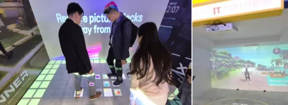 미국 라스베이거스에서 열린 CES에 뉴작이 출품한 엑스러너(X-Runner)를 사용해보니 꽤 빠른 반응 속도를 느낄 수 있었다(왼쪽 사진). 휴먼 IT 솔루션은 CES에 XR(확장현실)을 이용한 운동 콘텐츠를 내놨다(오른쪽 사진).