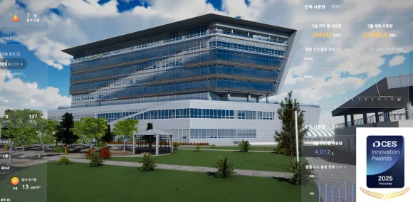 스탠스가 디지털 트윈 관제 플랫폼으로 한국 공공기관의 ESG 지표를 분석하고 센서데이터를 시각화한 모습. 스탠스는 이 기술로 올해 CES에서 혁신상(작은 사진)을 수상했다. 출처=스탠스 홈페이지