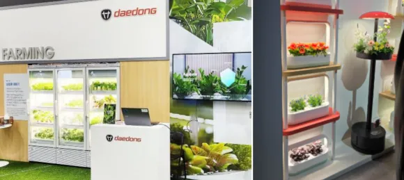 인공지능(AI)을 이용해 식물을 수월하게 재배할 수 있는 다양한 기술이 미국 라스베이거스에서 열린 CES에 소개됐다. 사진은 대동의 AI 재배기(왼쪽). LG전자 틔운(오른쪽).