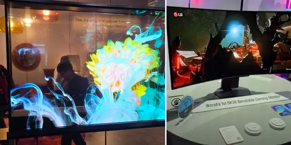 LG전자 홍보 부스에 전시된 투명 올레드 디스플레이(왼쪽 사진)와 양쪽을 휠 수 있는 ‘벤더블 게이밍 모니터’(오른쪽 사진).