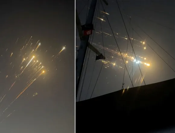 6일(현지시간) 미국 바하마 빅샘슨 케이 상공에서 스페이스X의 스타십 우주선이 폭발하면서 파편이 하늘을 가로지르며 추락하고 있다. 로이터 연합뉴스