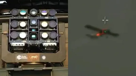 인도 레이저 무기 사하스트라 샤크티(왼쪽)와 이 무기가 겨냥한 고정익 드론. 출처=DRDO 인도 레이저 무기 사하스트라 샤크티(왼쪽)와 이 무기가 겨냥한 고정익 드론. 출처=DRDO