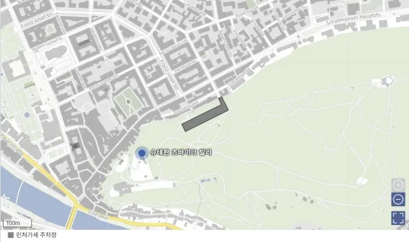 빌라 츠바이크라고도 불리는 오스트리아 17세기 별장 파싱거 슐뢰슬(파란색)과 잘츠부르크의 린처가세 시립 지하 주차장(회색) 위치를 나타낸 지도. 출처=오스트리아 국영 ORF 잘츠부르크 빌라 츠바이크라고도 불리는 오스트리아 17세기 별장 파싱거 슐뢰슬(파란색)과 잘츠부르크의 린처가세 시립 지하 주차장(회색) 위치를 나타낸 지도. 출처=오스트리아 국영 ORF 잘츠부르크